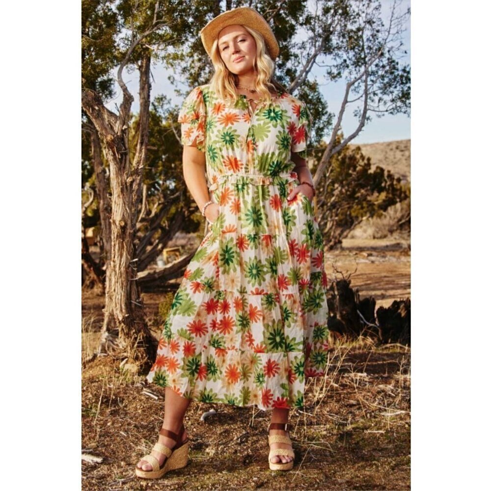 Hayden Ruffle Midi Dress Floral Print Size 1XL Layered Sleeve Cottagecore Boho